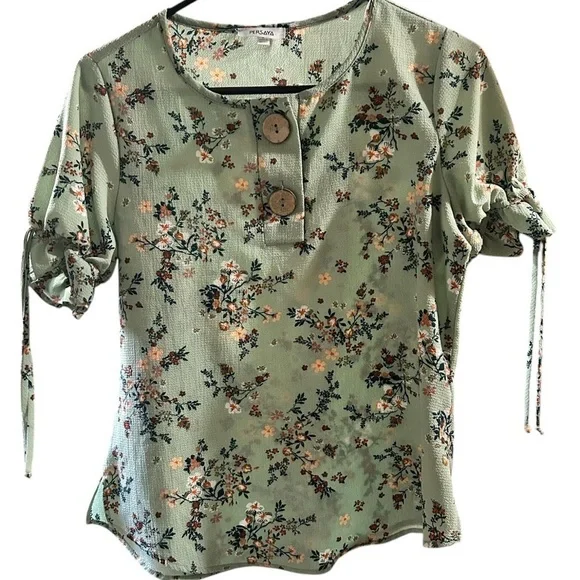 Persaya Green Ruched Polo Blouse size small. - Picture 2 of 8